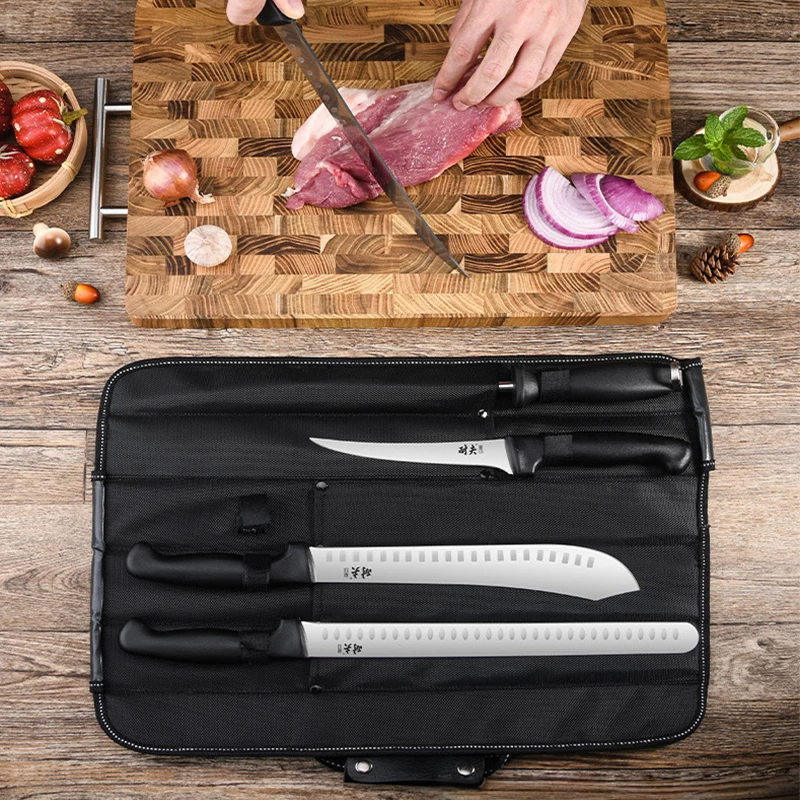 Black Canvas Chef Knife Roll Bag Portable Cleaver Knives Storage Case Kitchen Tools Carry Organizer For Cooking & Camping