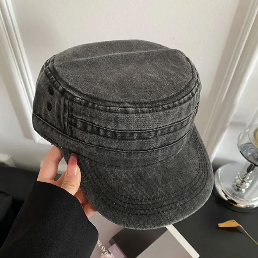 

Retro Vintage Flat Top Hat Washed Cotton Y2k Visor Hat Gothic Streetwear Cadet Cap Travel