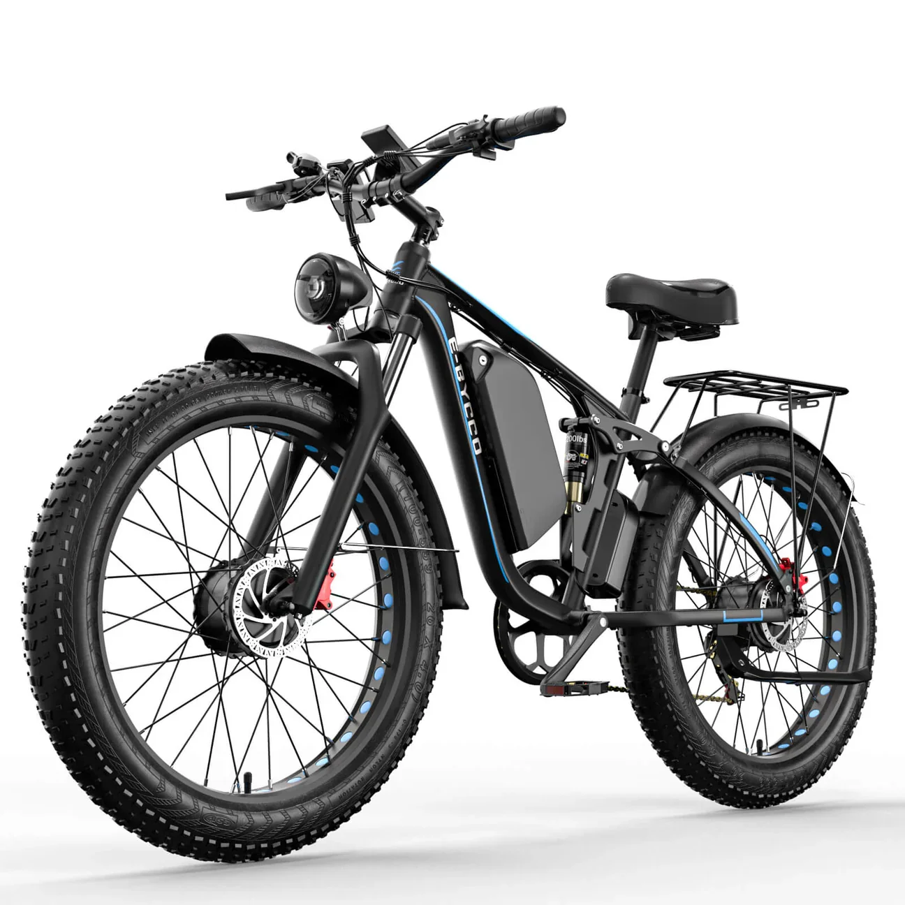 Erwachsenen-Mountainbike Offroad E-Bike 52V 23Ah Abnehmbarer Akku Doppelfederung Hydraulische Scheibenbremsen Elektrofahrrad 26*4,0" Fatbike Doppelmotor E-Bike