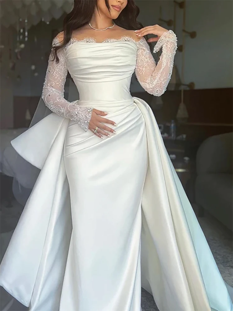 Temperament Off the shoulder Wedding Dress Lace Long Sleeves Beaded Court Train Gowns/Bride Wedding Dress فساتين سهرة