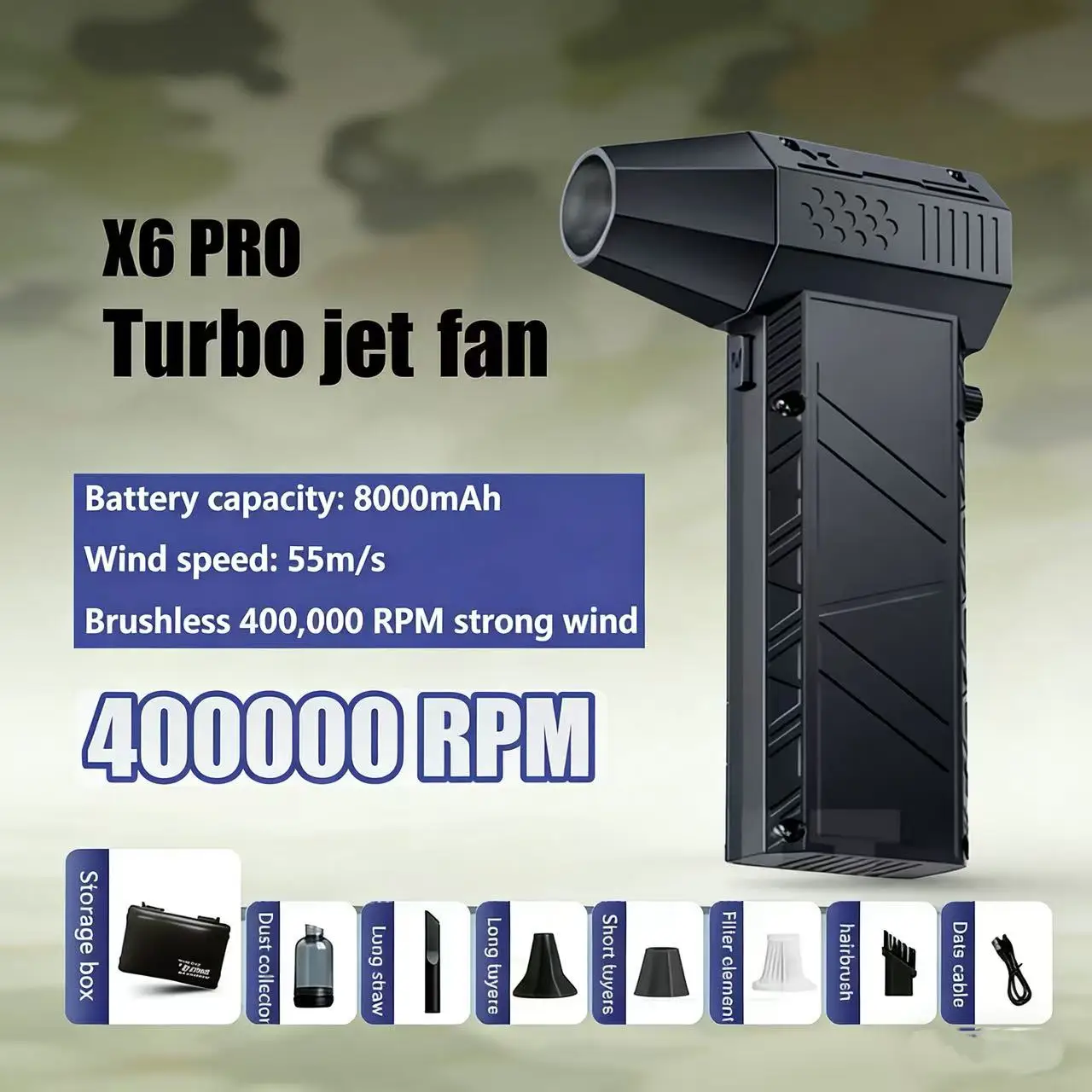 

2026NEW X6 Мощный воздуходувка 300000 об/мин Бесщеточный жестокий вентилятор Вакуумный пылесос Сильный ветер 60 м/с Турбоструйный вентилятор Type-C Re