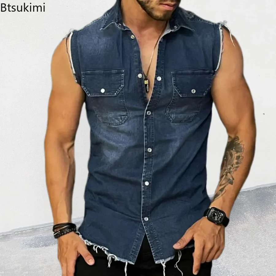 

New 2024 Summer Men's Denim Vest T Shirts Lapel Pocket Sleeveless Tank Top Hip Hop Jean Jacket Waistcoat Coat Muscle Mens Tops