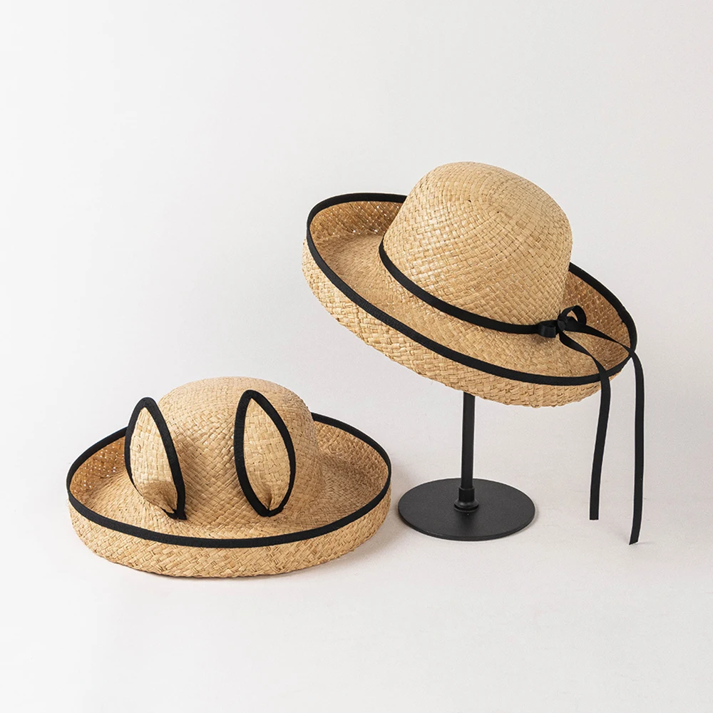 korean-style-spring-summer-new-fashion-cute-rabbit-ear-cuffed-raffia-pot-hat-outdoor-shopping-sun-protection-hat
