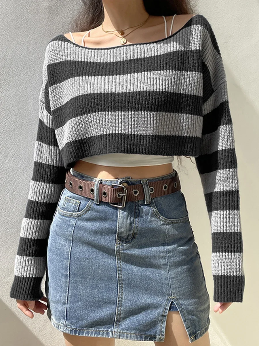 Women Vintage Striped Print Sweater Fashion Off-Shoulder Boat Neck Long Sleeve Cropped Sweaters 2024 Loose Casual Knitted Tops