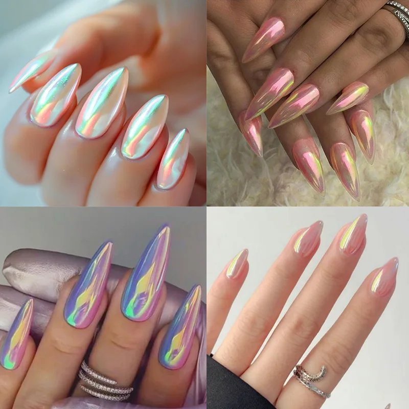 24 pzas Uñas postizas rojas brillantes con efecto ojo de gato, cobertura completa, color nude, forma de almendra, con adornos removibles 2
