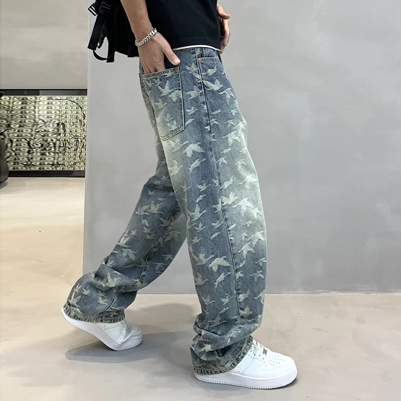 

Hip Hop Jeans Men's Ins Korean Style Sense of Design Loose Straight Washed Fashion Street Casual Cool Wide Leg Trousers