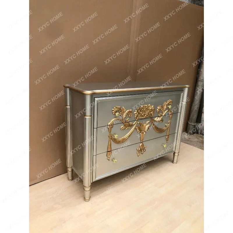 XXChampagne silver gold carved three-bucket cabinet, entrance cabinet,  solid wood storage, drawer cabinet