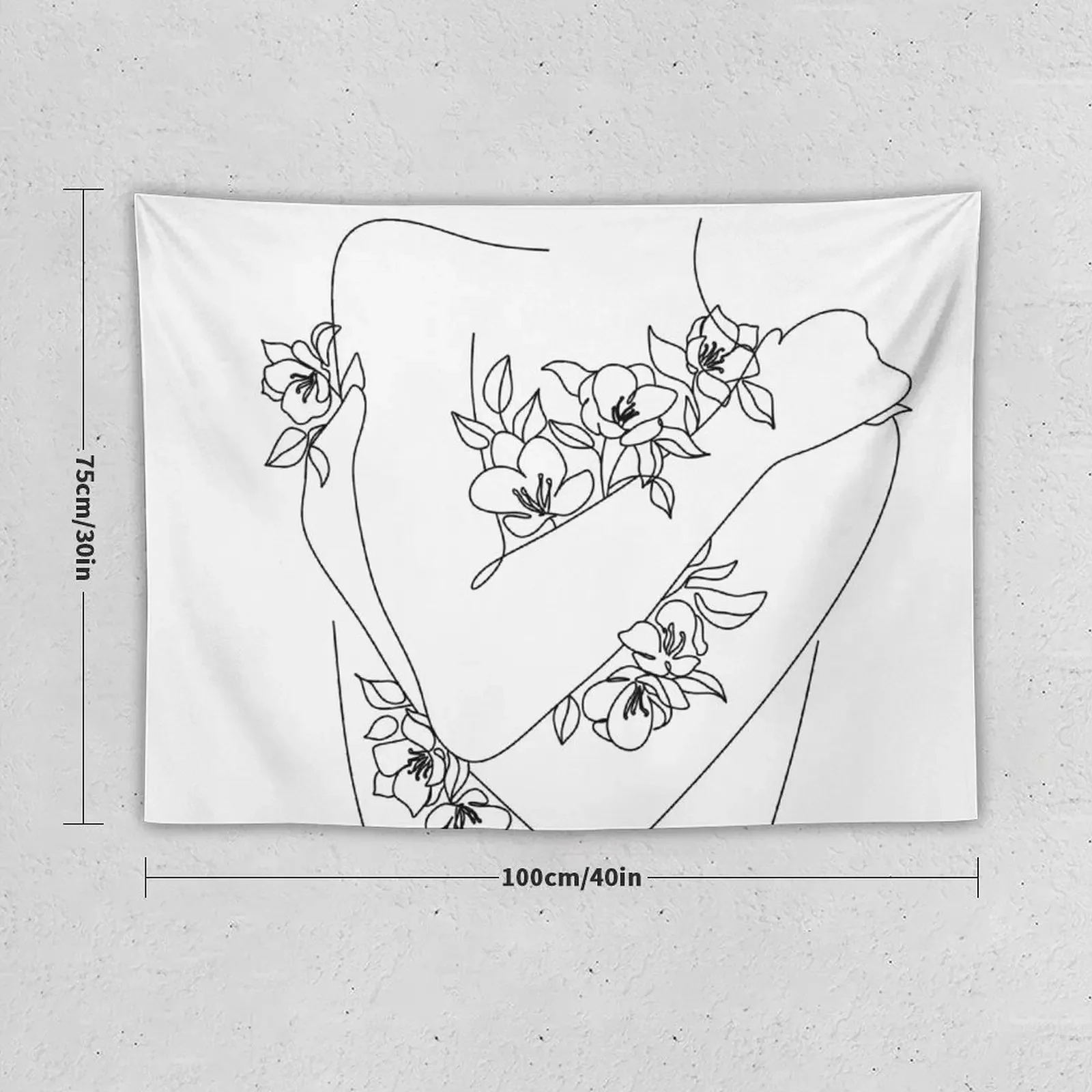 Self love. woman hugs herself, flowers grow out Line Art Print. Woman With Flowers. Nude Line Art. Tapestry