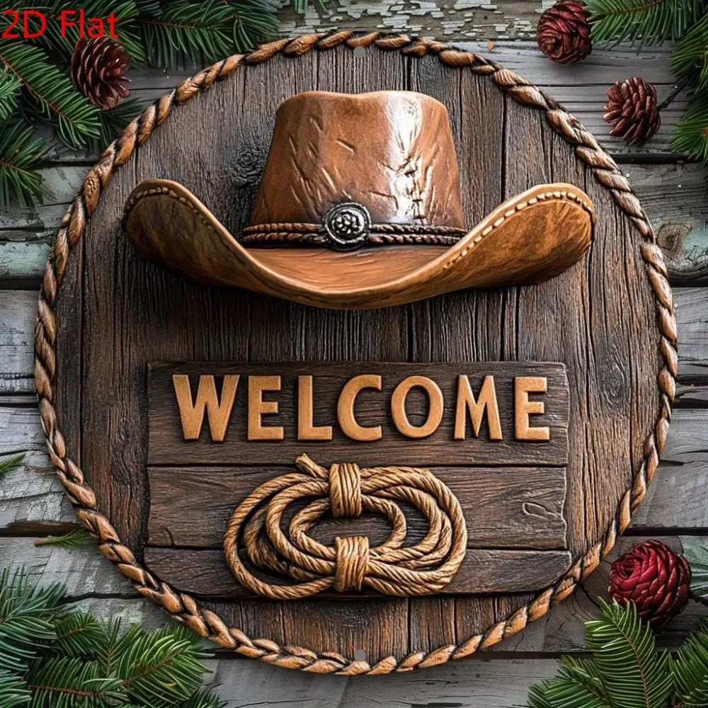2D Flat Rustic Welcome Metal Iron with Cowboy Hat Rope Design Wall Decor, Perfect for Home, Bar, Office Wall Hanging Decoration
