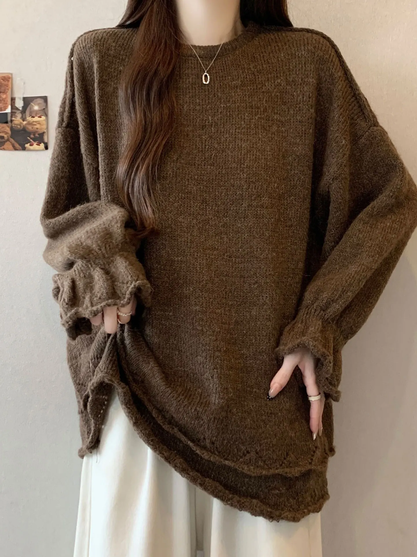 

Slimming Effect Long Sve Knitted Sweater Women's Loose Fit Autumn Winter plus Size Faion Comfortable Sle YOEWean