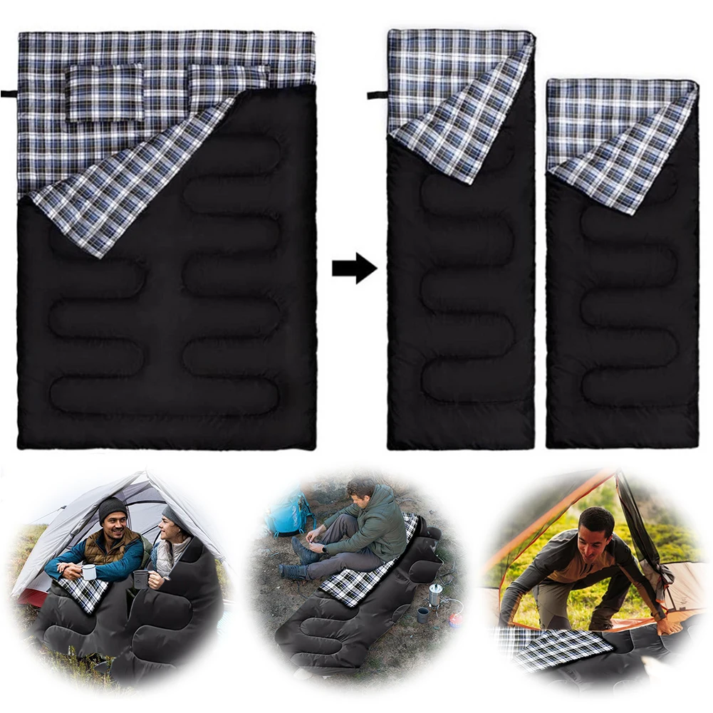 Two Person Sleeping Bag Flannel with Pillows Large Camping Sleeping Bag Lightweight Warm Outdoor Winter Sleeping Bag for Hiking