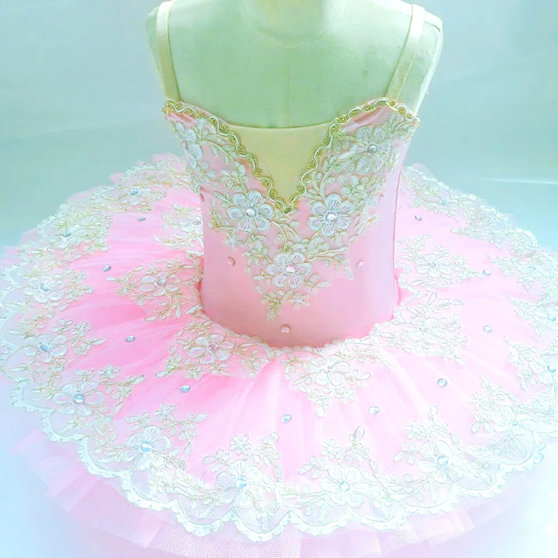 

New pink swan dance performance suit, sweet ballet suspender tutu skirt, mesh bead performance dance skirt