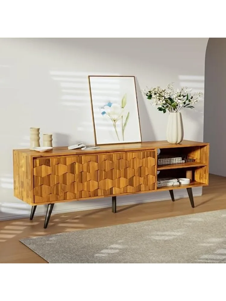 Georgina Solid Wood, 10 Minutes Assembly Entertainment Center with Storage Geometric Pattern Console for Living, Bedroom