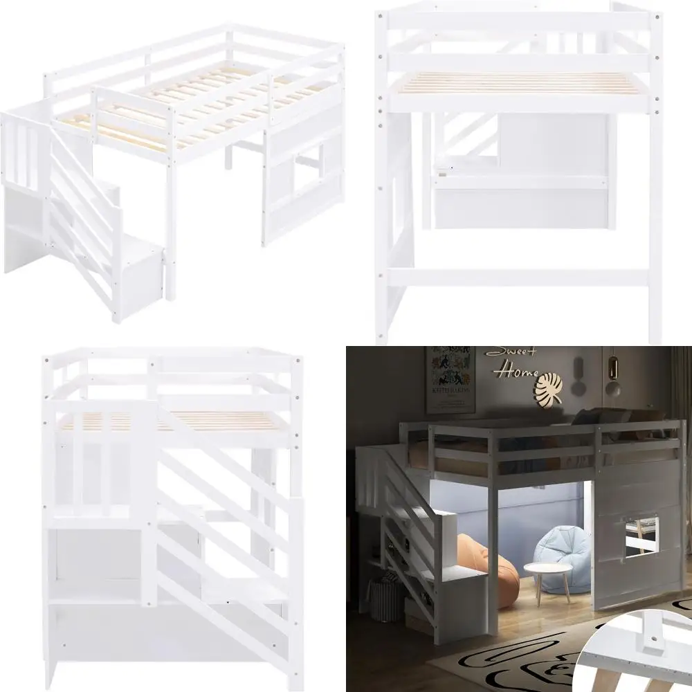 

Low Loft Bed with Stairs, Shelves, LED Lights, Playhouse Design, Guardrails, and Storage Space for Kids and Teens