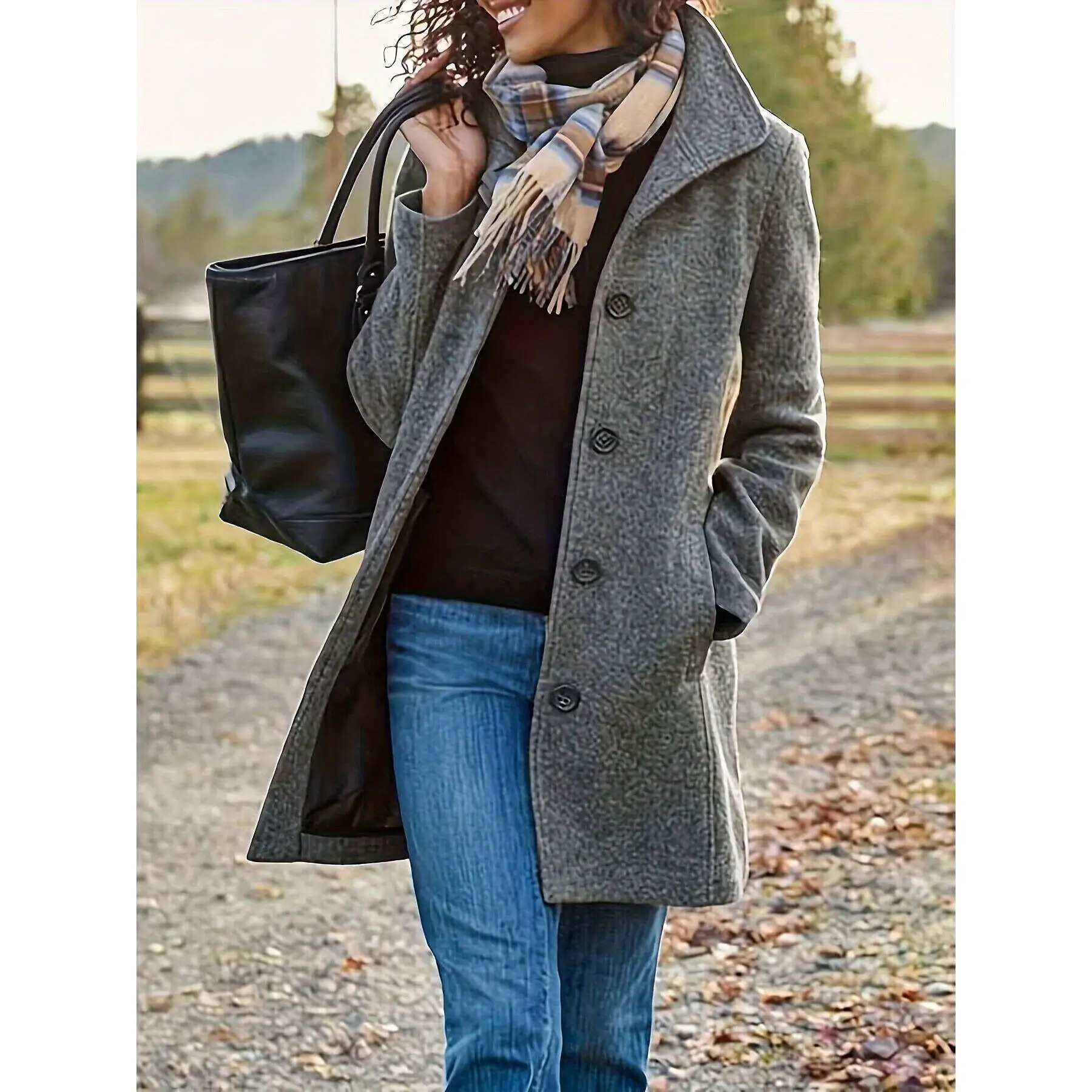 Vintage Midlength Wool Coat Retro Tweed Jacket Princess Sleeve  Collar Medium Thickness for Middle-Aged Women Spring Season
