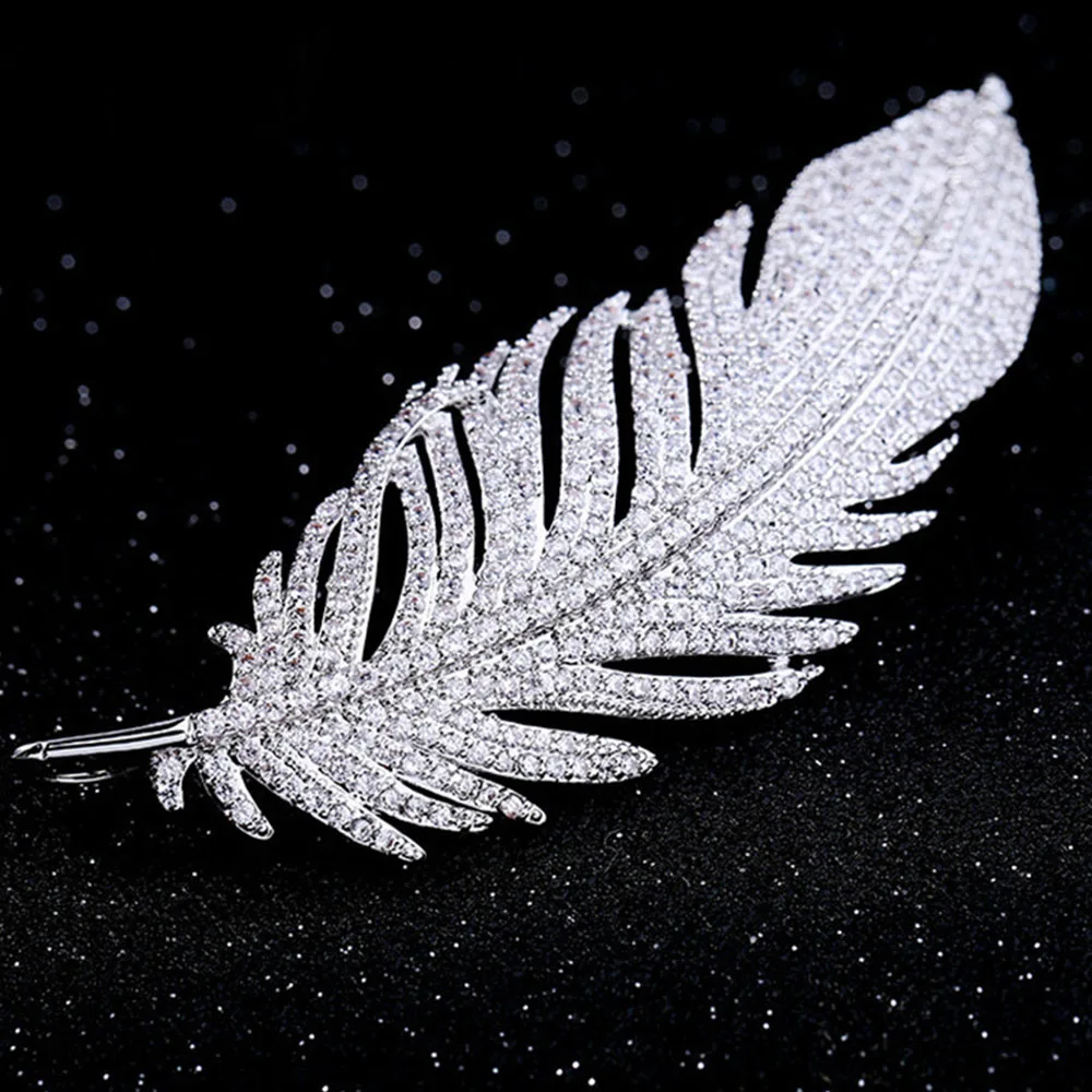 Elegant Silver Color Full of Rhinestone Feather Brooches for Women Men Unisex Luxury Crystal Lapel Safety Pins Party Jewelry