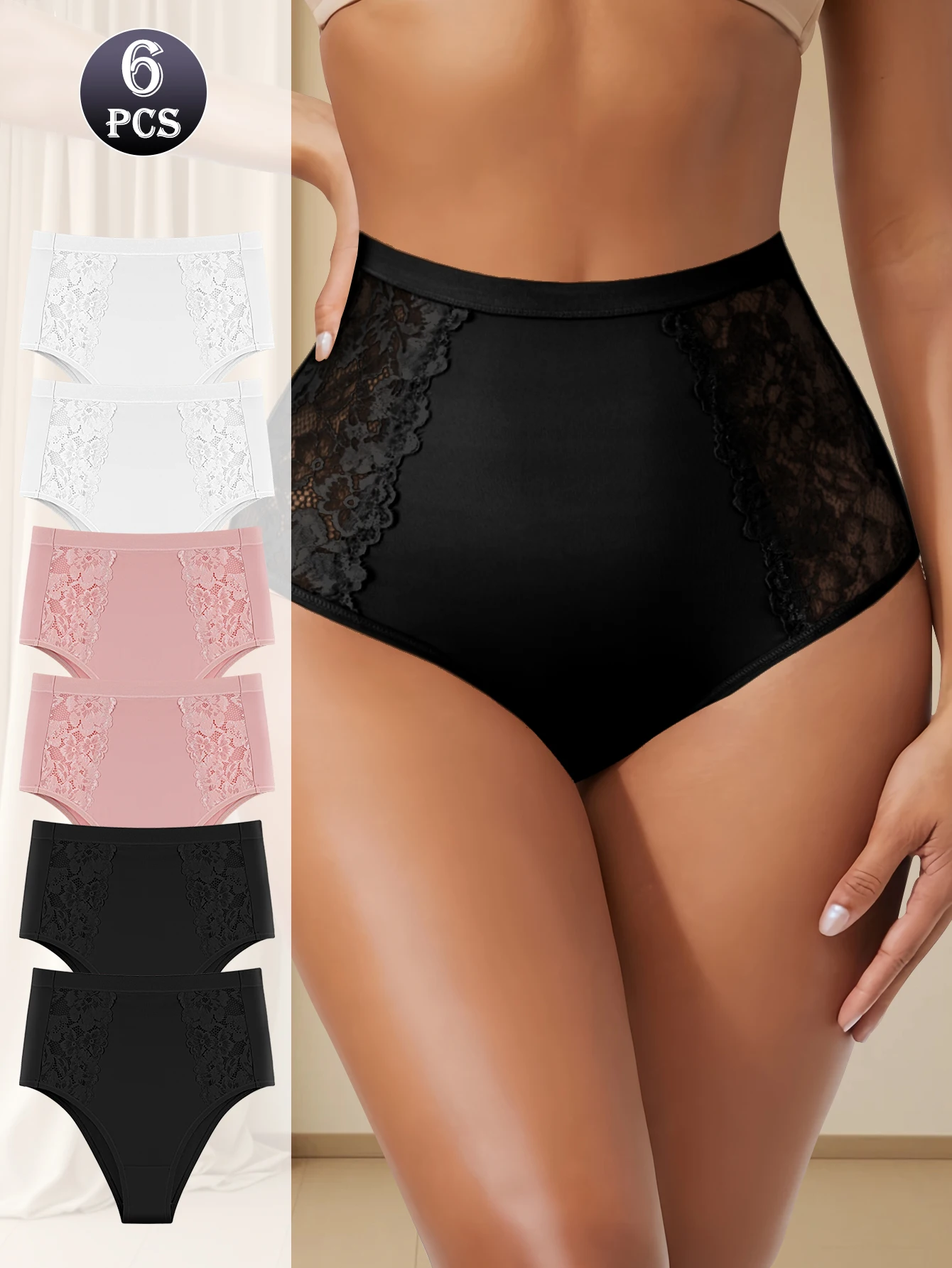 6Pcs/Set Sexy Lace Floral Underwear Women's Sexy Hollow Solid Color Underwear Women's High Waist Breathable Underwear