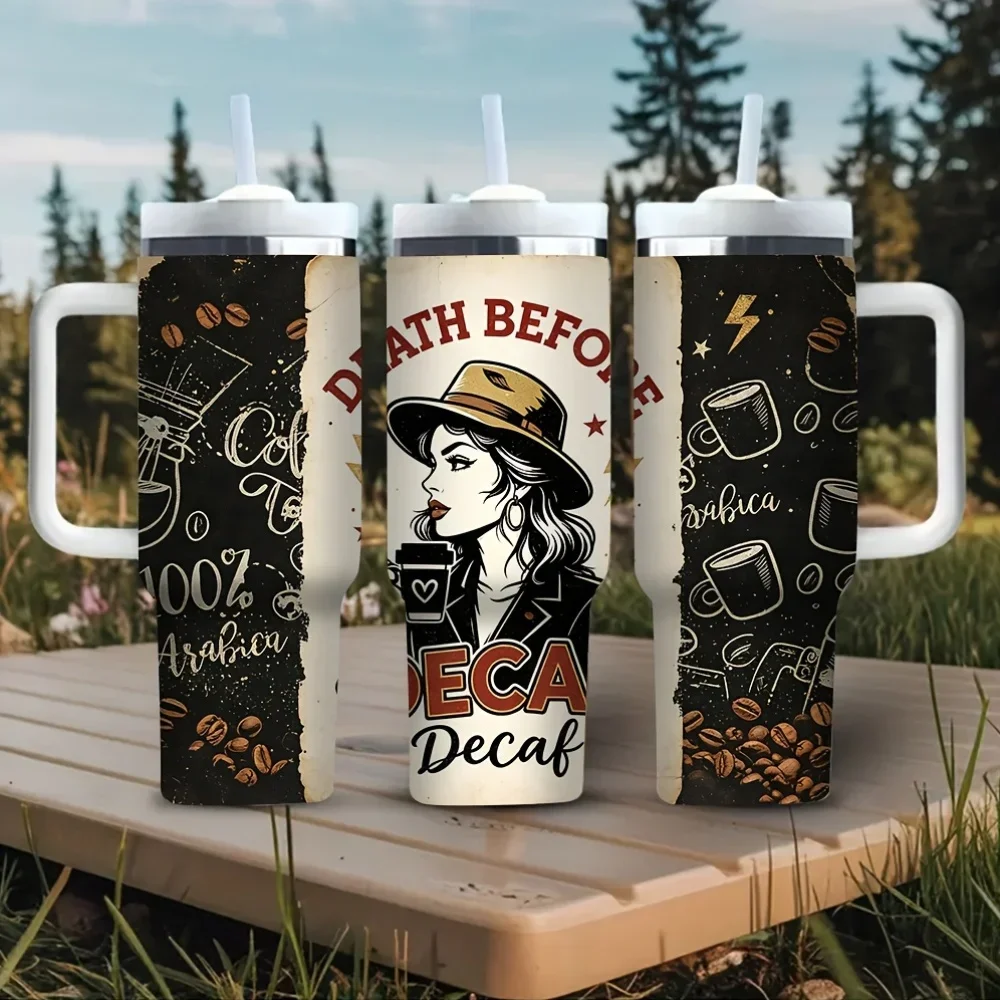40Oz Tumbler with Handle, Death Before Decaf Coffee Themed Print, Perfect for Coffee Lovers, Suitable for Daily Use, Commuting, Camping, And Outdoor Travel, Works for Both Hot And Cold Drinks