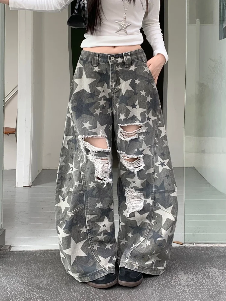 

2025 Cyber Y2K стиль звездный принт потертые камуфляжные мешковатые рваные джинсы брюки для женской одежды широкие винтажные женские брюки