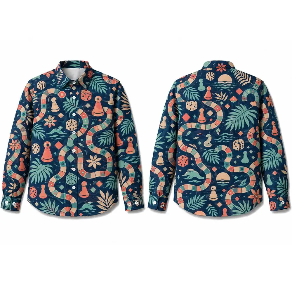 Men's Cotton Snake Print Long Sleeve Shirt Retro Flying Chess Dice Pattern Button-Up Shirts Fashion Streetwear Lapel Top