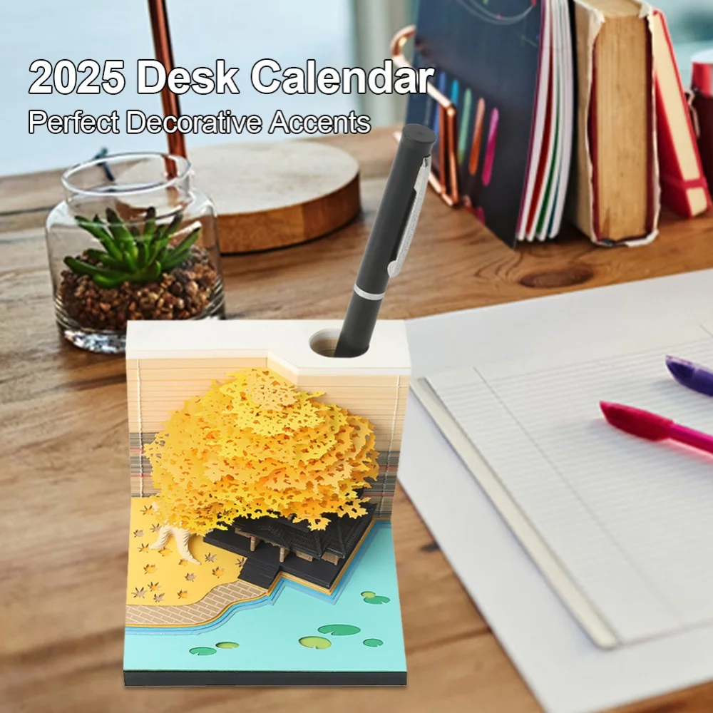 3D Desk Calendar 2025 Time Piece Calendar with LED Light Paper Carving Calendar Decorative Memo Pad Calendar for House Gift
