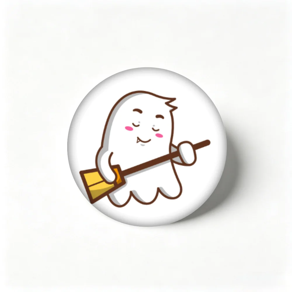 Handmade Creative Brooch Pin 58mm Tinplate Badge, Cartoon Cute Ghost with Broom Lapel Pin, Clothing Gift Accessory
