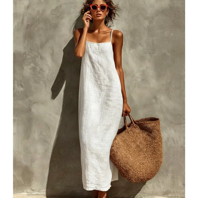 

Casual Solid Color Y2k Women's Basic Dress Summer Sexy Sleeveless Sling Dresses Ladies Fashion Beach Vacation Loose Vestidos