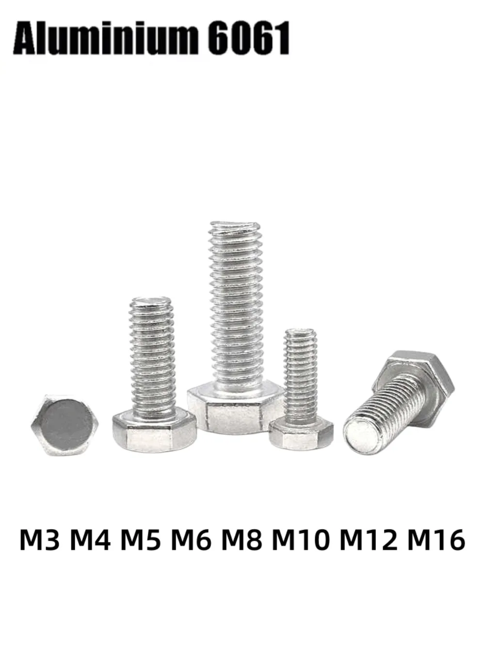 DIN933 M3-M16 Aluminium 6061 External Hex Head Bolts Full Thread Metric Hexagon Screws for DIY Metalworking Fasteners