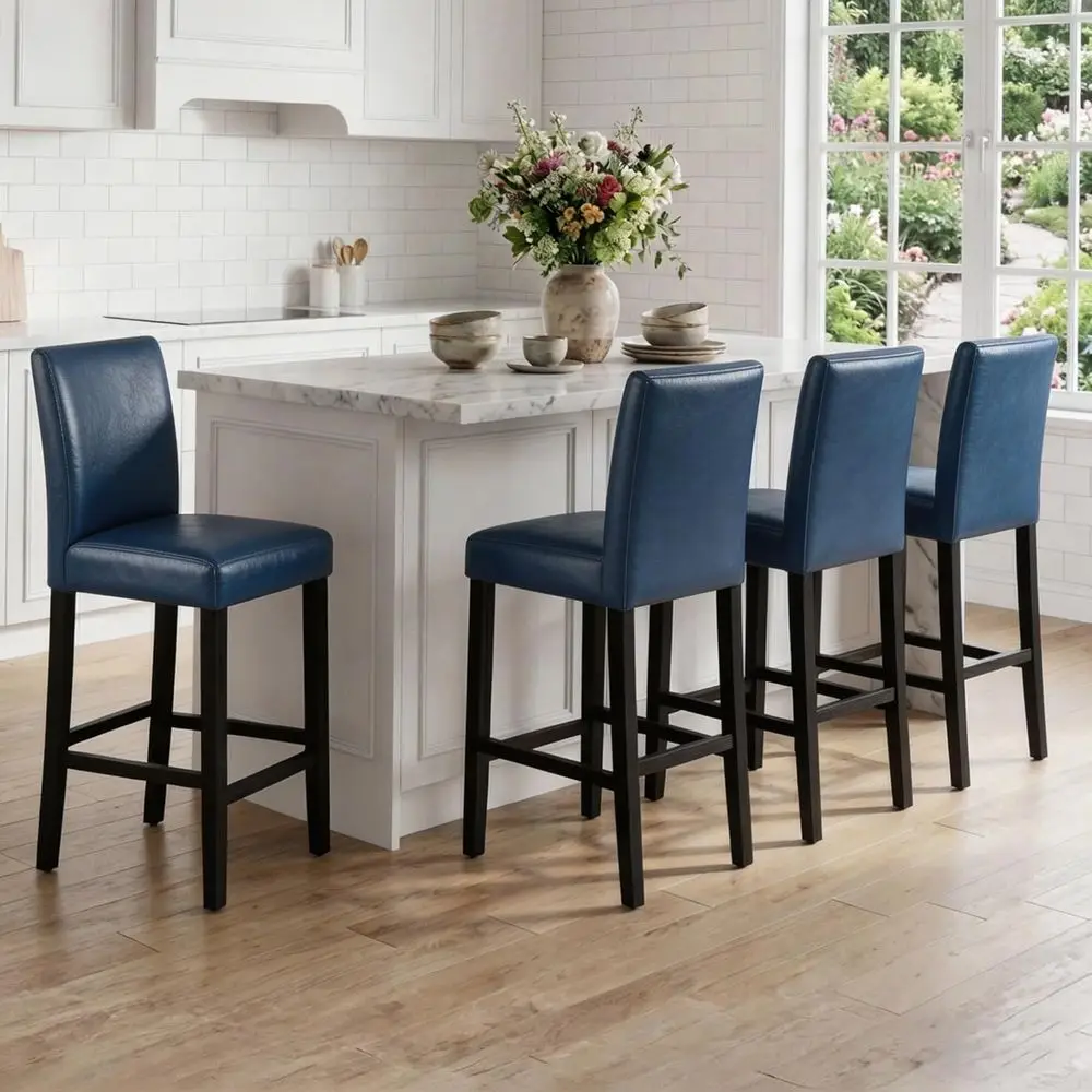 

Set of 4, 24.8 High-Back Navy Blue Upholstered Bar Stools with Solid Wood Legs