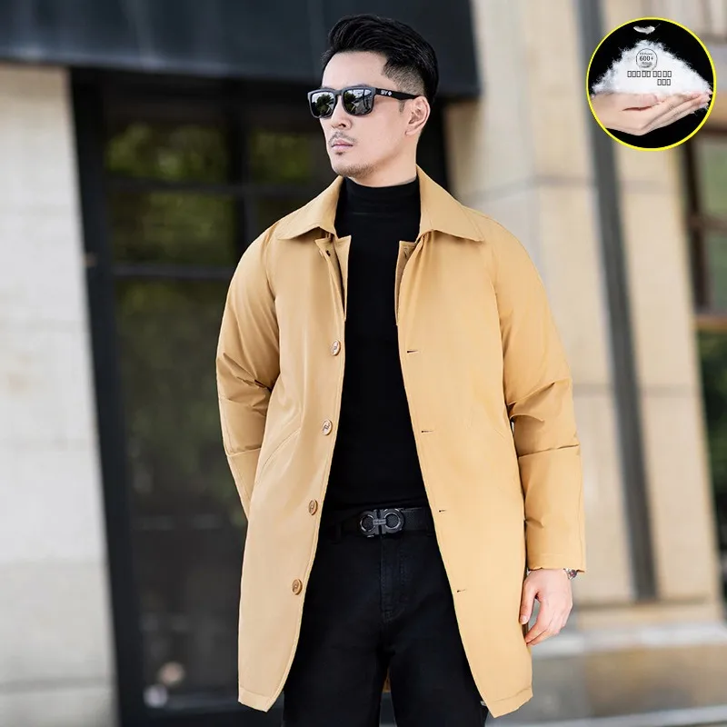 

Winter Thiened Men's down Jaet Busin Casual Sle White Du Feather Warm Coat Medium Length Quilted Polyester Fabric