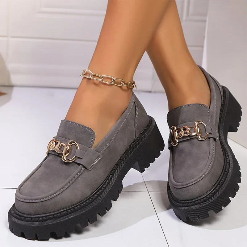 

Fashion Metal Decoration Loafers Shoes for Women 2025 Gray Non Slip Platform Casual Shoes Woman Faux Suede Slip On Shoes Mujer