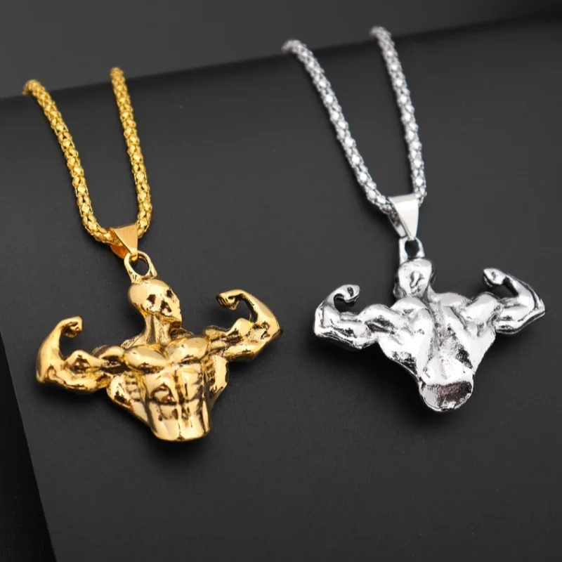 Bodybuilding Arm Muscle Man Statue Pendant Men's Sports Fitness Necklace Fashion Punk Hip Hop Party Men's Jewelry Accessories