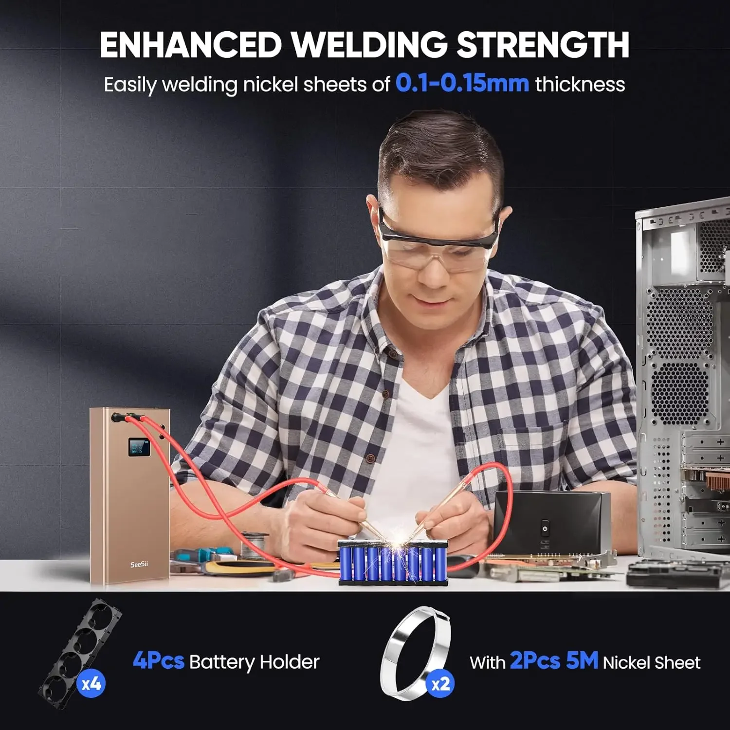 Seesii Spot Welder 80 Gears Adjustable Battery Portable Mini Spot Welder LCD Screen Built-in 11000mah for Making Battery Packs