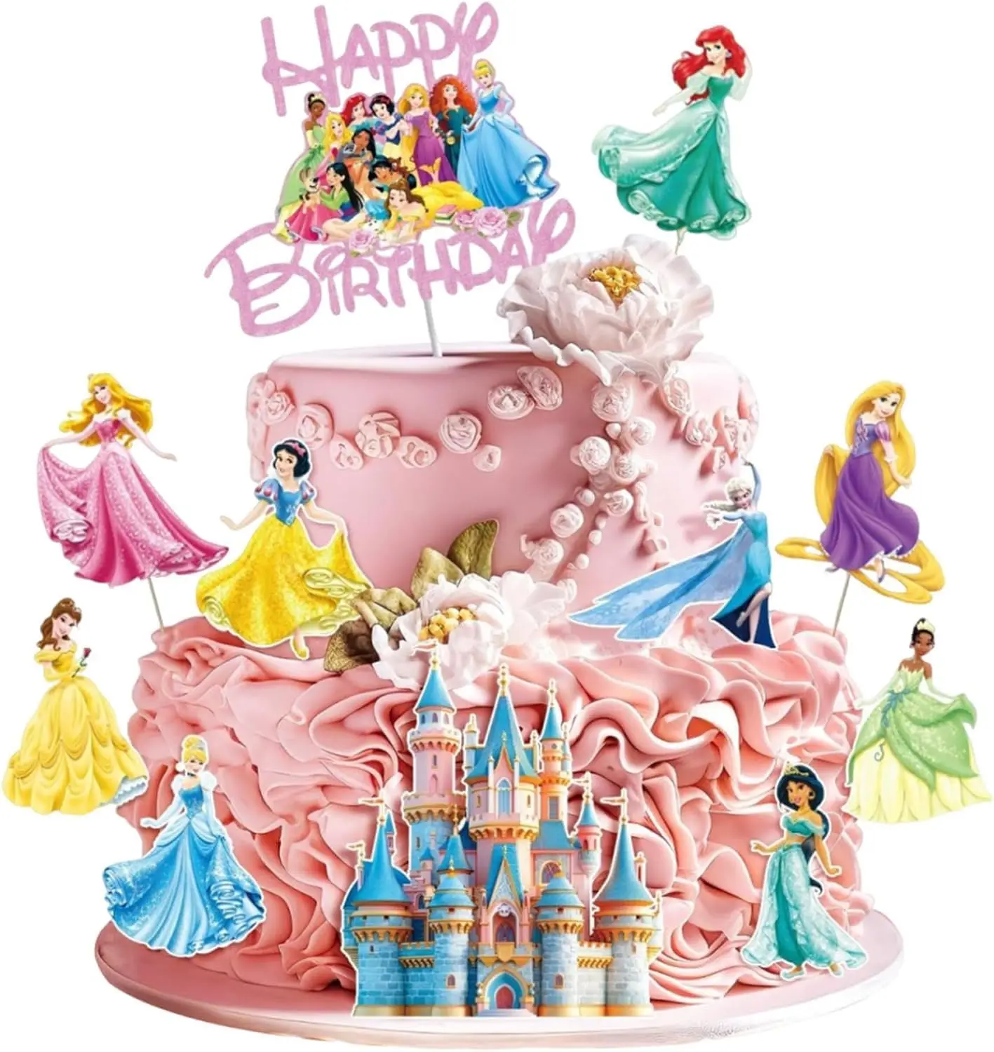 Princess Birthday Cake Topper Set, Multi-Princess Characters & Castle Cake Picks, Pink Glitter Happy Birthday Cake Decorations