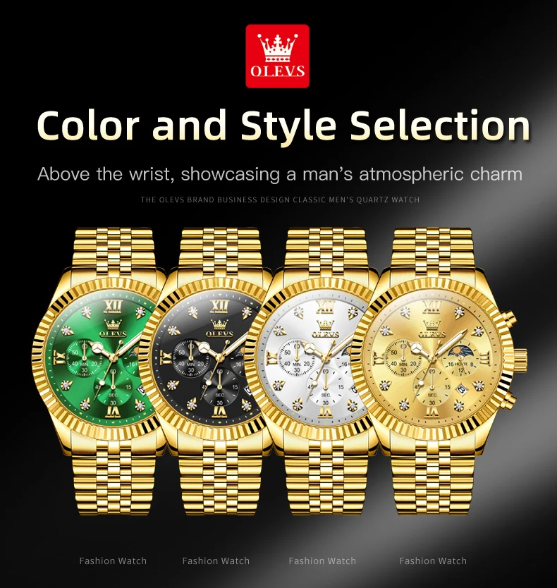 OLEVS 2932 High End Men's Watch Classic Lunar Phase Waterproof Stainless Steel Chronograph Watch Luxury Brand Quartz Men's Watch