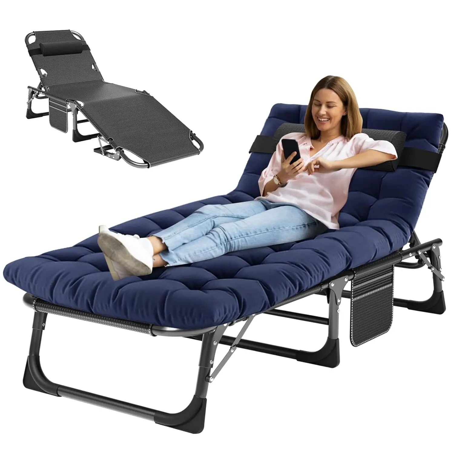 Folding Chaise Lounge Chair 5-Position, Folding Cot, Heavy Duty Patio Chaise Lounges for Outside, Poolside, Beach, Lawn, Camping