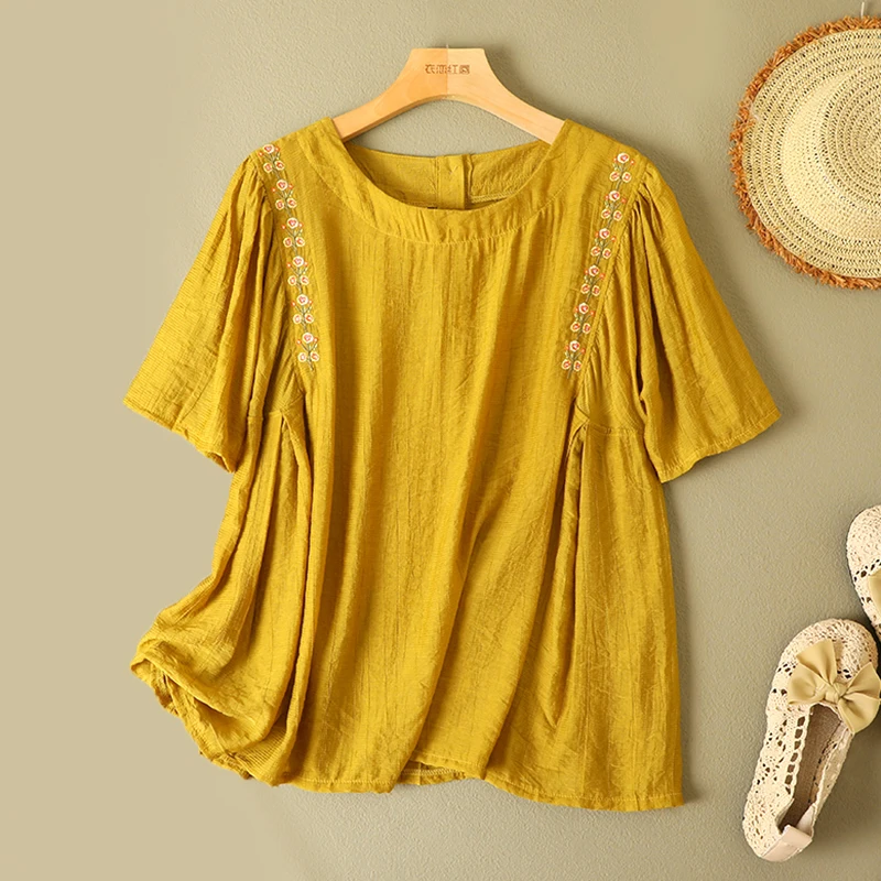 

Retro Embroidered Patchwork Cotton Linen ort Sve T-irt Large Size Women's round Ne Ba Two Button Linen Overhead Top