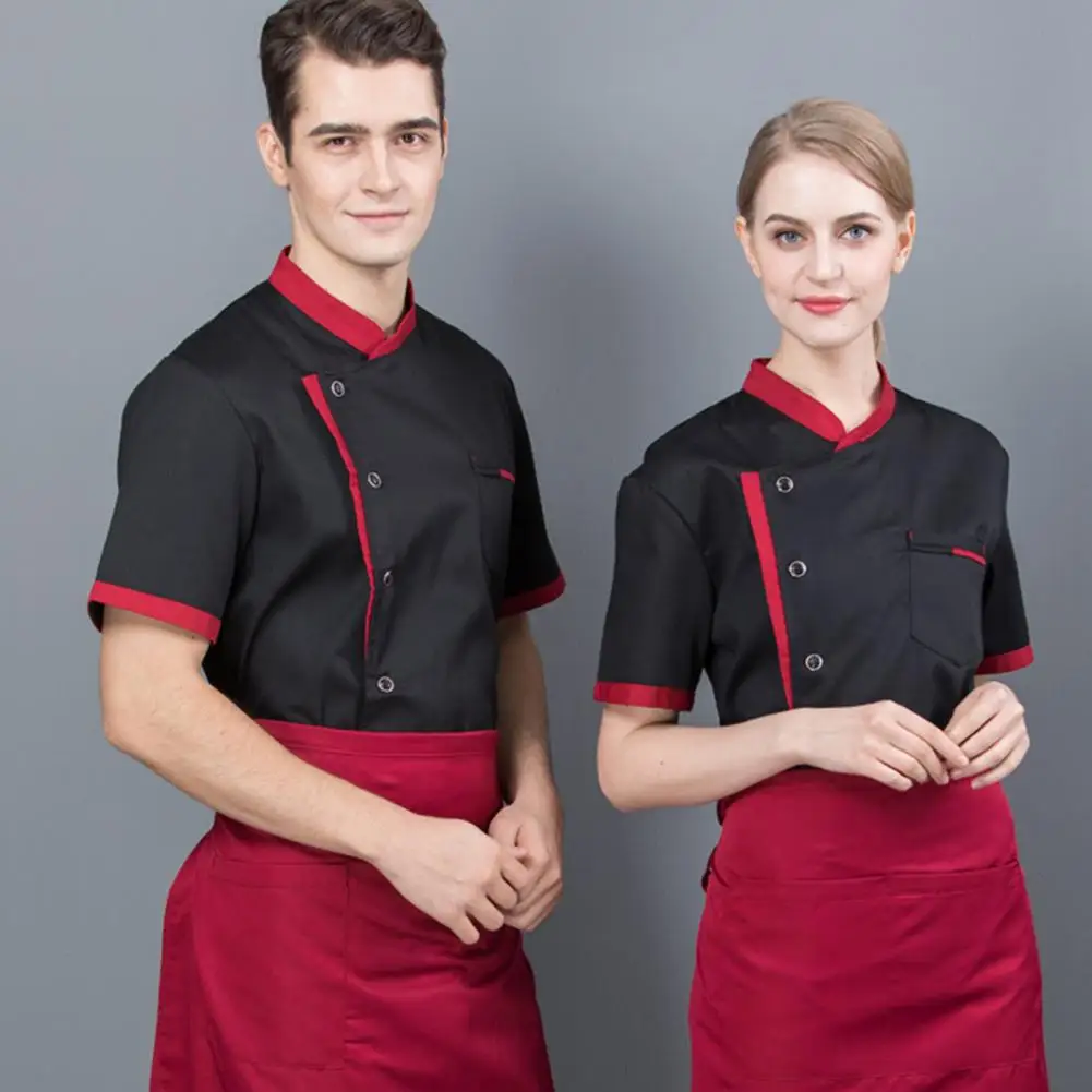 Chef profissional uniformes com carrinho colarinho patch bolso, jaqueta unisex, mangas curtas, uniformes respiráveis para restaurante