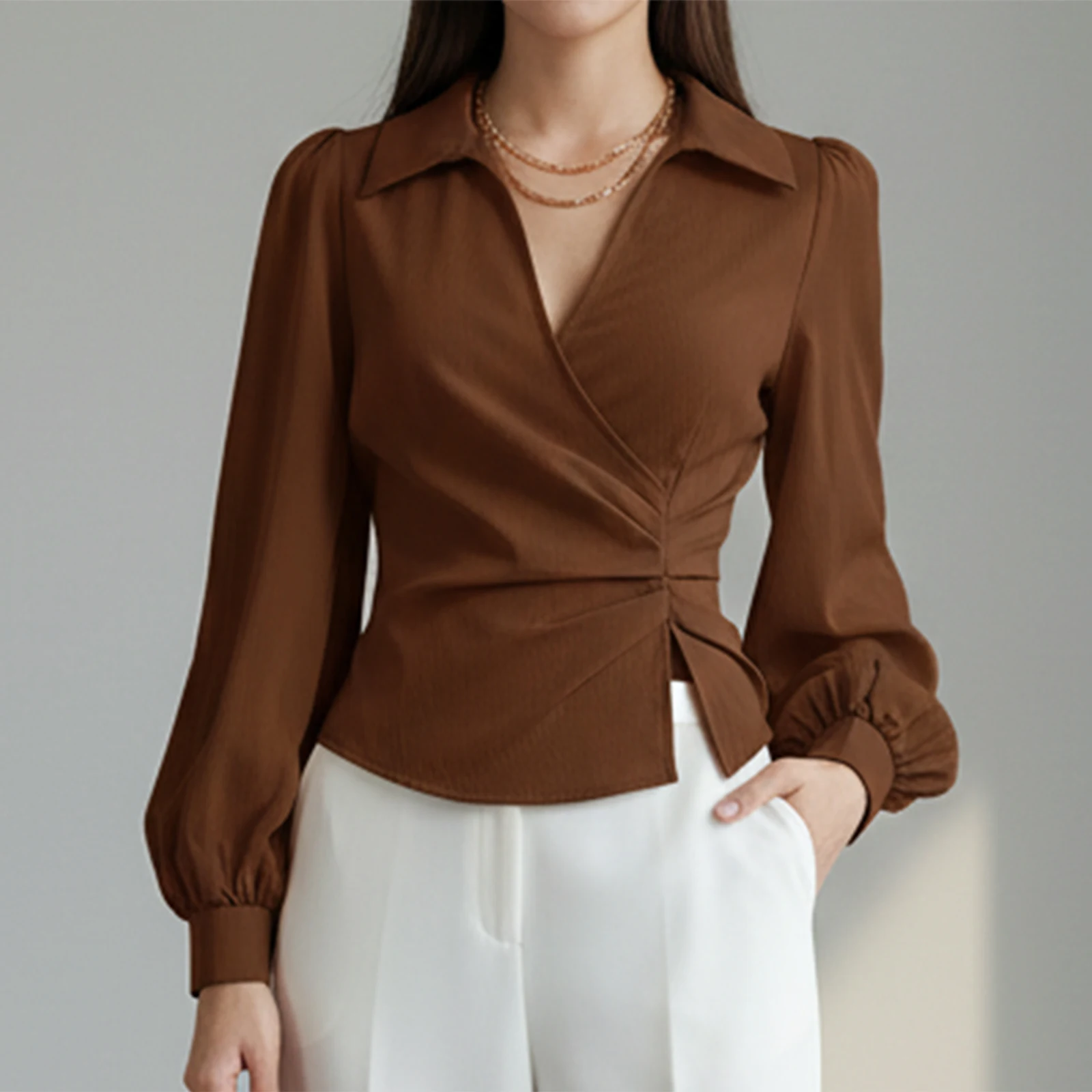 Kollektion 2025, langärmliges Oberteil mit Kragen und asymmetrischer Taille für Damen, modische einfarbige Herbsthemden mit V-Ausschnitt