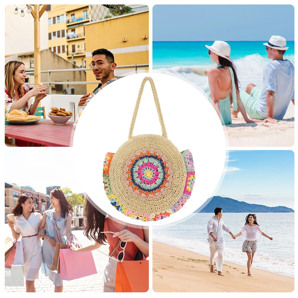 Women Summer Beach Bags Round Straw Woven Tote Bag Weaving Shoulder Bag Large Capacity Ethnic Style for Travel Vacation