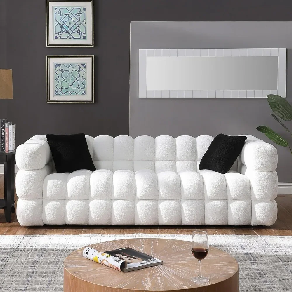 Sofa Couch, 84.3inch Upholstered Sherpa Deep Seat Cloud Couch,3 Seater Couch with 2 Pillows for Living Room Apartment Office