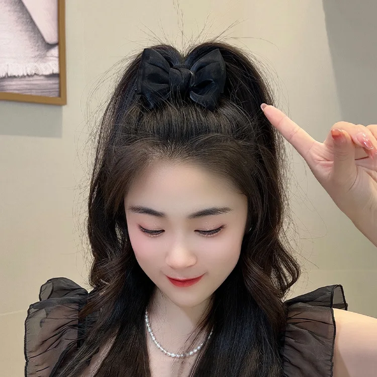 Premium Large Bow Hair Claw Clip Tweed Style Volumizing Updo Hair Holder for Women Everyday Elegant Black