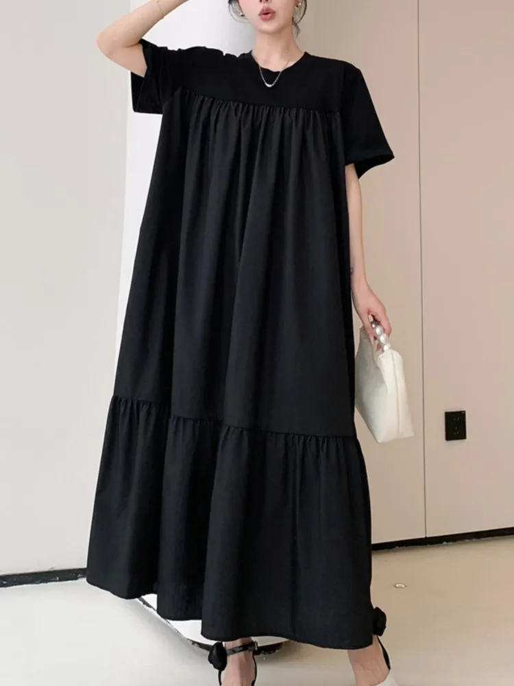 فستان نسائي كوري صيفي جديد من فيستدوس رداء Elbise فضفاض مقاس كبير فساتين طويلة مرقعة وأكمام قصيرة