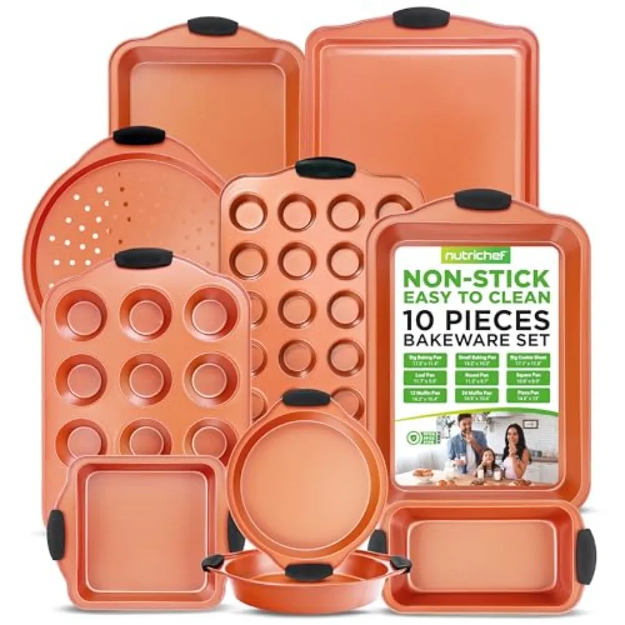 

10-Piece Nonstick Baking Pan Set for Home Baking Carbon Steel with Copper Finish Heat-Resistant Silicone Handles Includes Pizza
