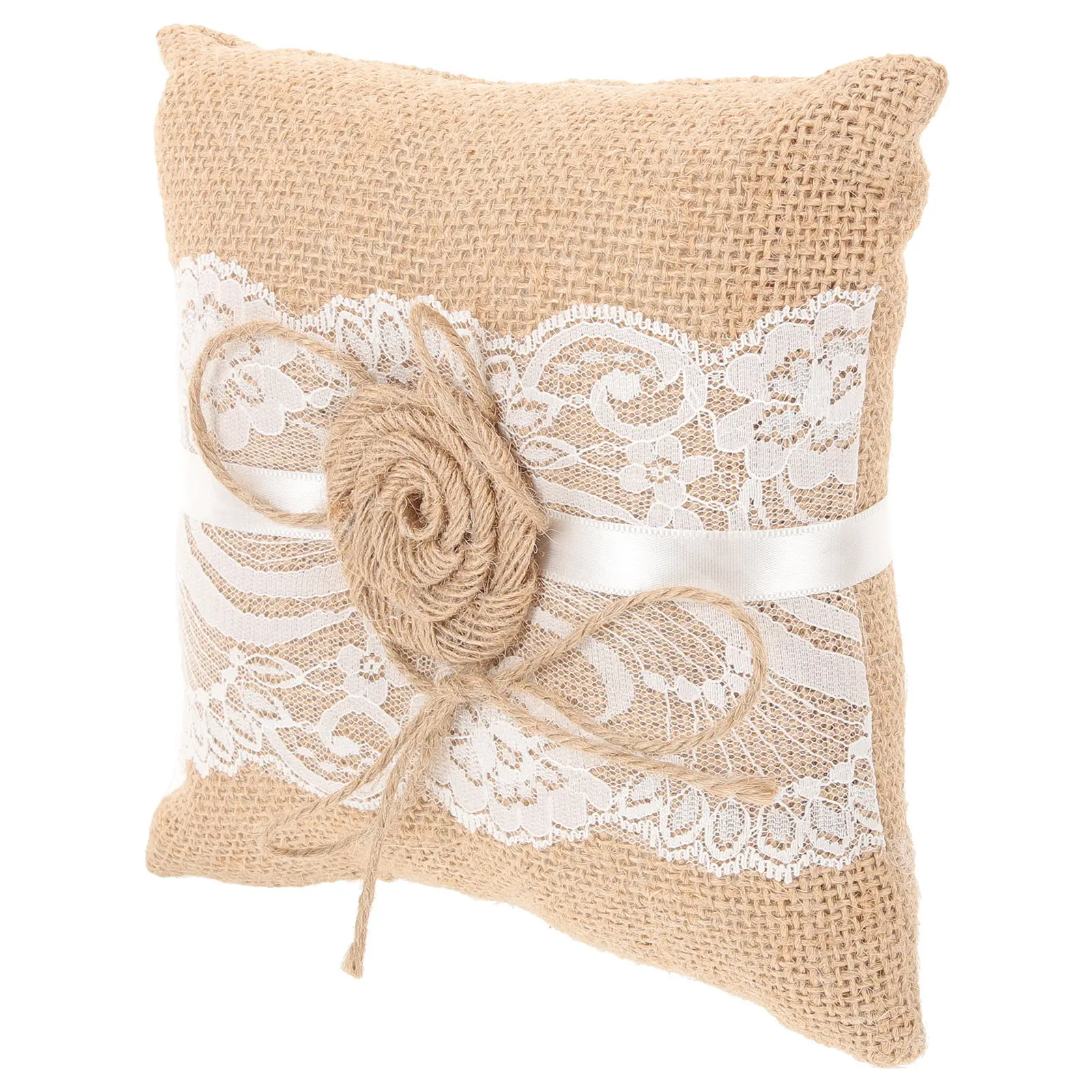 

Burlap Wedding Ring Pillow with Delicate White Lace Trim Rustic Bridal Ring Bearer Cushion for Ceremony Engagement Decor