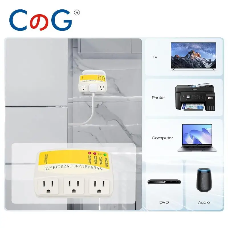 CG Three Outlet Voltage Surge Protector 120VAC 12A Home Appliances Brownouts Plug Outlet for Refrigerator TV Air Conditioners