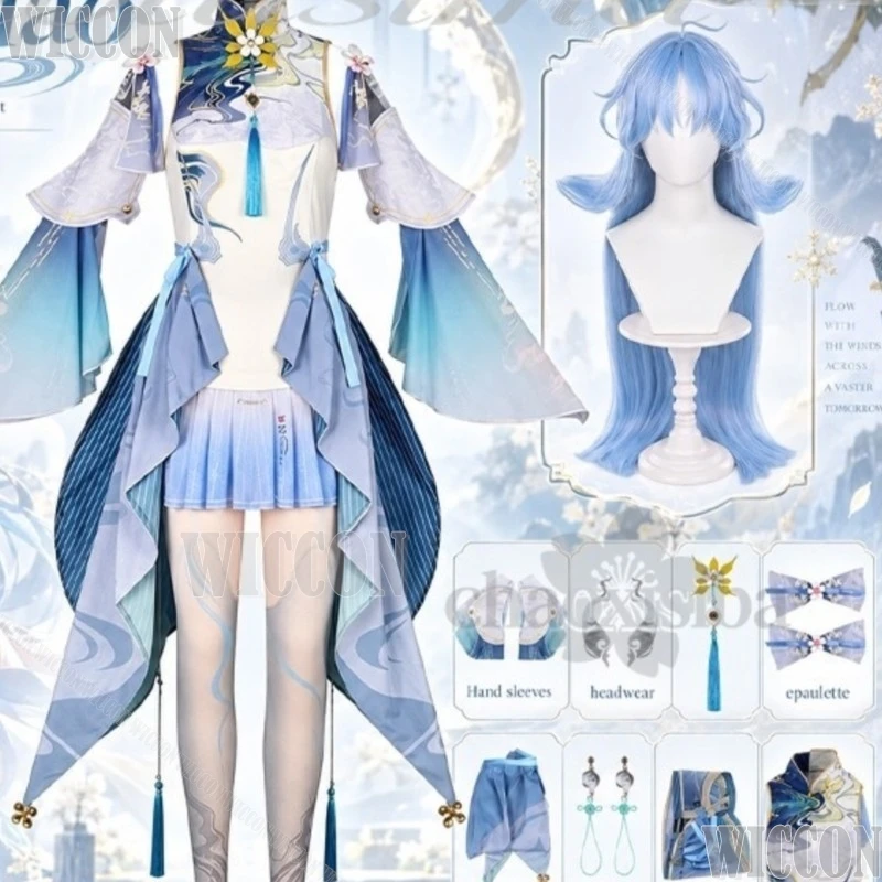 Wuthering Waves Cosplay Qingxiao Costume Blue White Dress Classic Lolita Fairy Uniform Retro Wigs Anime Navidad Carnaval Event