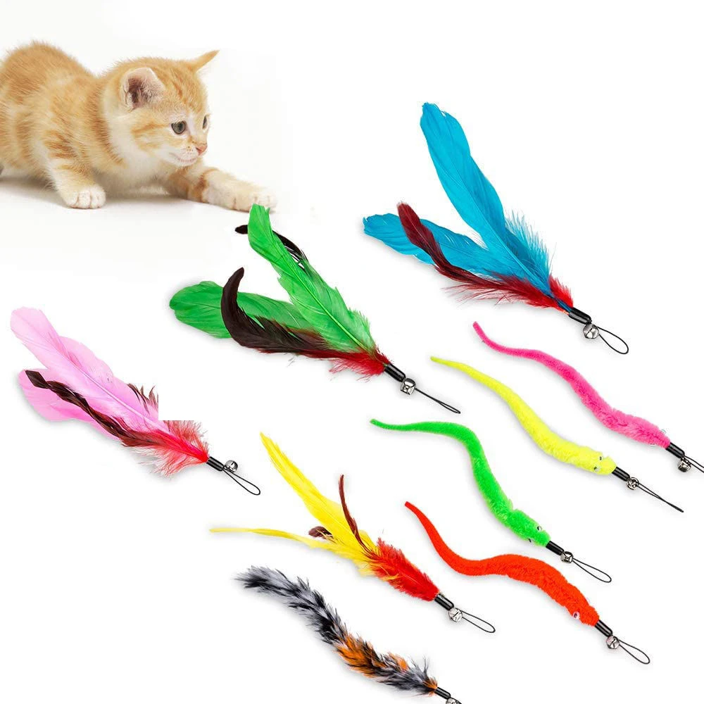 Cat Interactive Toy Feather Teaser Stick Wand Pet Retractable Feather Bell Refill Replacement Catcher Product for Cat Exercise