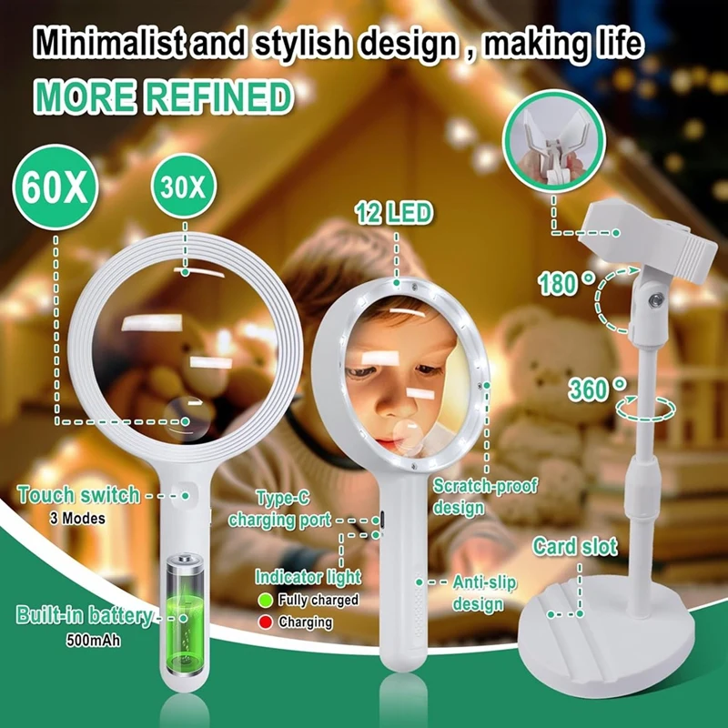 NEW-Magnifying Glass With Light,30 X 60 Times Rechargeable Large Lens,12 LED 3 Modes Lighting Magnifier For Elderly, Reading