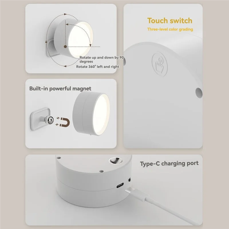 

ABKS-Rechargeable Magnetic LED Wall Light 360° Rotation Touch Remote Control Cabinet Spotlight For Home & Office
